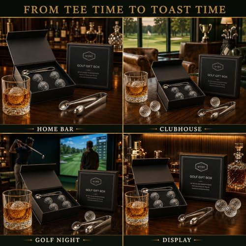 Golf Gifts for Men Dad, Golf Balls Whiskey Chillers Set with Glasses, Unique Dad Birthday Gift Ideas from Daughter Son, Retirement Bar Stuff Gift Father Him Brother, Cool Chiller Ball for Liquor Vodka