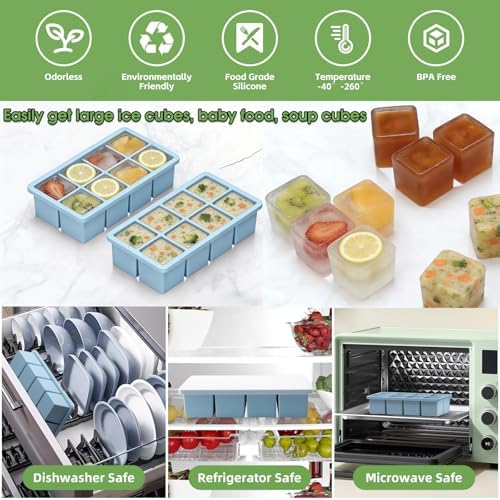 Large Ice Cube Molds, 4 Pack Easy Release Ice Trays for Freezer with Lid, Stackable Square Big Silicone Ice Cube Tray BPA Free Slow Melting for Bourbon Whiskey, Cocktails (Green+Blue+Pink+Grey)