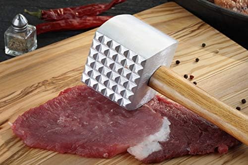 New Star Foodservice Improved Quality Aluminum Meat Tenderizer with Wood Handle, 13 Inch Meat Mallet and Hammer, Dual-Sided Tenderizer for Beef, Chicken, Pork, and Venison