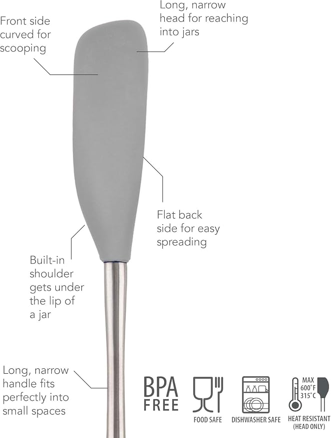 Tovolo Jar Spatula Silicone Long Stainless Steel Handle Scraper Spatula Oyster Gray, Jar Scraper Heat Resistant Dishwasher Safe BPA Free Kitchen Utensil for Scraping Spreading Jelly Peanut Butter