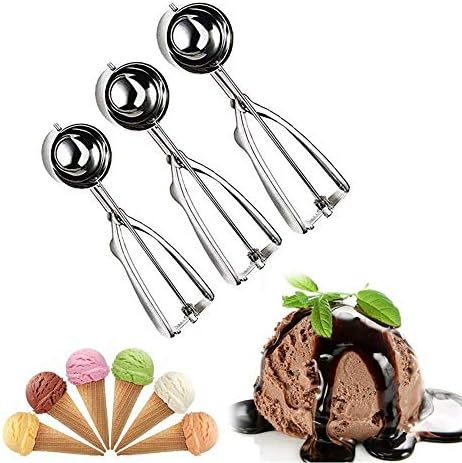 Cookie Scoop Set, Ice Cream Scoop Set, 3 PCS 18/8 Stainless Steel Ice Cream Scoop Trigger Include Large-Medium-Small Size, Melon Scoop