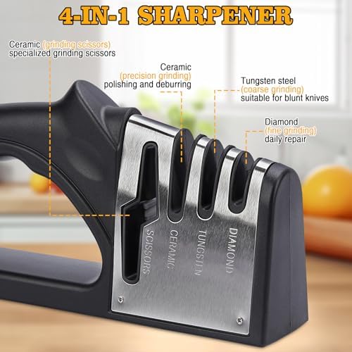 4-in-1Manual Knife Sharpener Suitable for kitchen knives, fruit knives, steel knives, scissors, and 3-level precision sharpening.Non slip base, suitable for home use (black) (1)