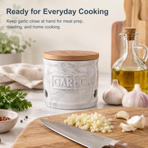 ONEMORE Garlic Keeper for Counter Ceramic Garlic Holder Countertop Storage Container with Lid - Marble Style Garlic Saver for Kitchen