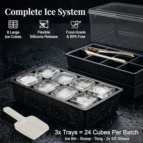 Large Silicone Ice Cube Tray - 3 Pack Trays for 8 Square Cubes with Large Bin, Scoop, Tong & 2 SS Straws - Easy Release Ice Mold for Whiskey, Cocktails, Coffee (Black)