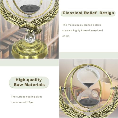 SuLiao Sand Timer Hourglass, 1 Hour Rotating Eagle Hour Glass, 60 Min Large Black Sand Clock, 60 Minute Unique Brass Sandglass, 1 hr Metal Decorative Reloj De Arena, Home, Desk, Office