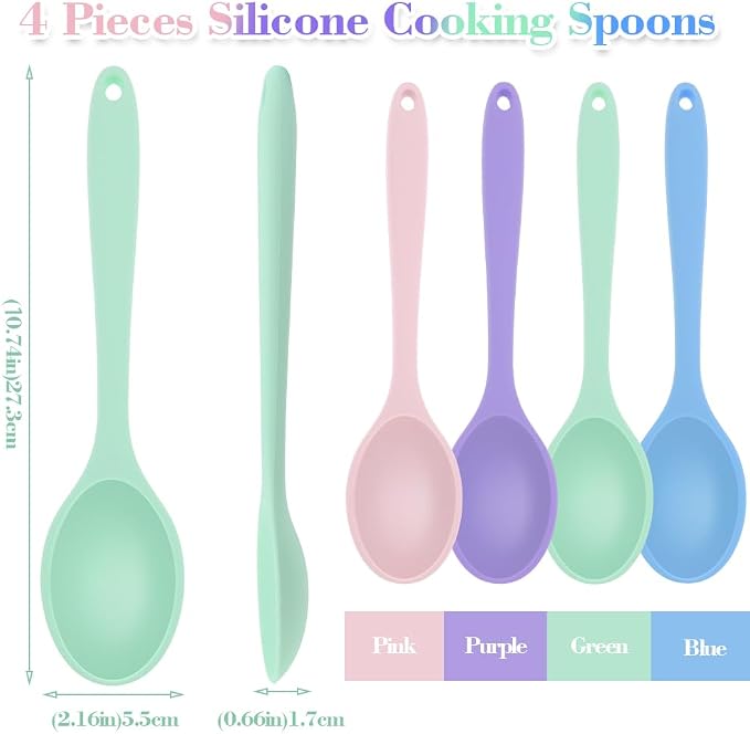 Silicone Spoons for Cooking,4 Pcs Large Serving Spoon Heat Resistant Cooking Spoon Utensils Nonstick Mixing Kitchen Spoons for Baking Serving Mixing and Stirring Dishwasher Safe,Pink,Gray,Blue, Purple