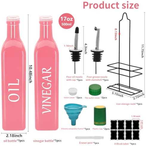 Farmhouse Oil and Vinegar Dispenser Set, 17 oz, beautiful olive oil dispenser, includes a black steel rack and a funnel, vintage cruets for vinegar and oil (Pink)