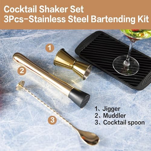 JNWINOG 3-Pcs Gold Muddler & Mixing Tools Set, 10" Muddler, 12" Cocktail Spoon & 1 oz/2 oz Double Jigger, Bar Tool Set for Beverages