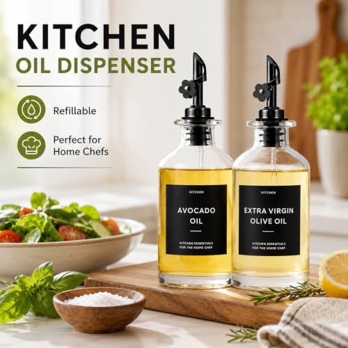 Olive Oil Dispenser for Kitchen, 2-Pack 12oz Glass Bottle with Labels