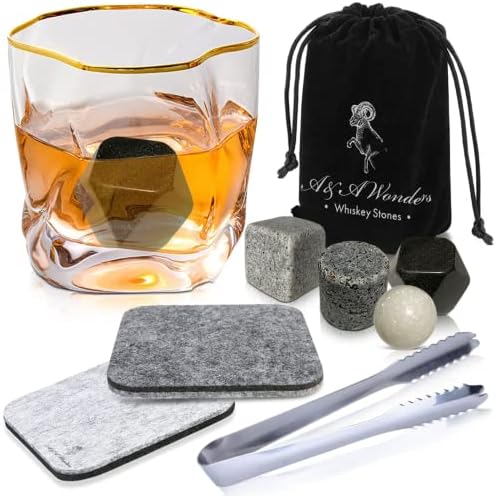 A&A Wonders Premium Whiskey Stones 100% Natural Granite Set of 4 Chilling Rocks Stone Reusable Ice Cubes for Drinks with Velvet Carrying Pouch, Gift for Whiskey Lovers (4 Geometrical Shapes)