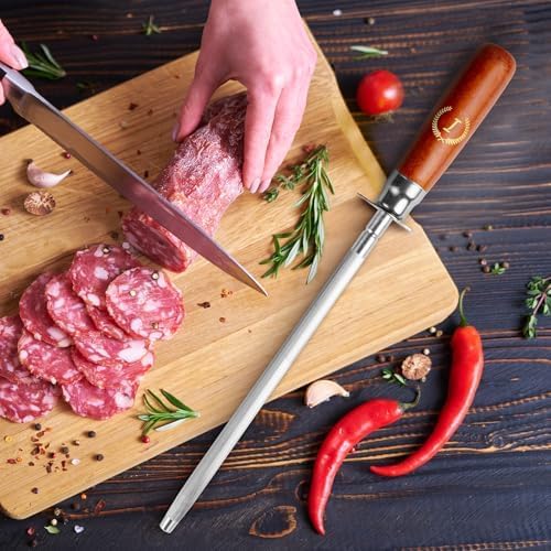 Knife Sharpener Rod, Kitchen Knives Sharpener Carbon Steel Professional Knife Sharpening Steel, Honing Rod with Hanging Holes (13 inches), I