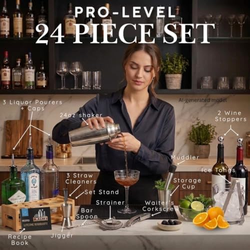 Zulay Kitchen 24 Piece Bartender Kit-Stainless Steel Bar Accessories with Display-Modern Mixology Shaker Set for At-Home Cocktails-Use for Mixer, Martini, Margarita and Liquer-Bar Tools (Silver)