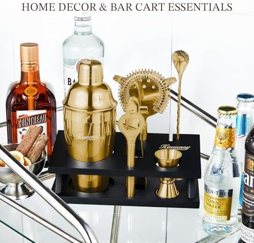 KITESSENSU Cocktail Shaker Set Bartender Kit, 6-Piece Silver Bar Set with Stand, Gold