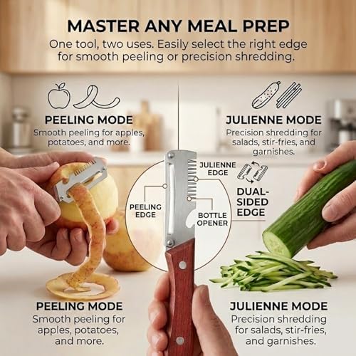 Julienne Peeler - Multi-Functional Vegetable Peeler, 2.5mm (0.1") Thickened 420 Stainless Steel with Glide-Path Zero-Pressure Cutting & Bottle Opener For Fruit Veggie Peeler (A)