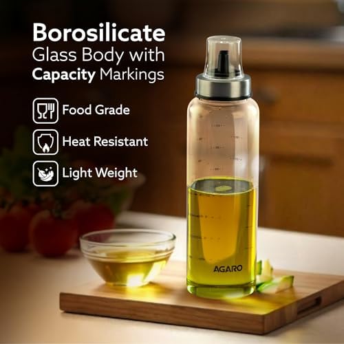 AGARO Elite Borosilicate Glass Oil Dispenser With Capacity Markings, Pack of 2, 500 Ml each, Metallic Lid, Oil Bottle Jar, Transparent