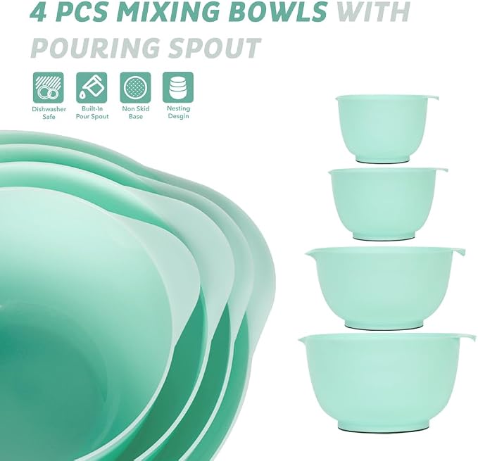 BoxedHome Mixing Bowls Set of 4, BPA Free Plastic,Microwave Safe, Green | 4.5/3.5/2.5/1.7 quarts,Non-slip Base Large Nesting Bowl with Pour Spout, Dishwasher Safe, for Prep, Cooking,Baking
