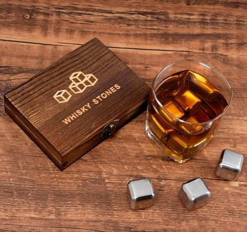 Whiskey Stones, Whiskey Stone Gift Set, 6 Stainless Steel Cubes, Burbon Gifts Cool Presents for Men Dad Husband Boyfriend, Unique Anniversary Birthday Wedding Gift Ideas - by Angde