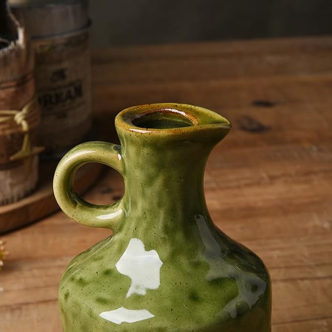 13.5oz Olive Green Ceramic Olive Oil Dispenser with Cork Stopper | , Reactive Glaze Bottle, Leak-Proof Small Spout, Ideal for Kitchen Storage of Vinegar, Wine, Soy Sauce and Lemon Juice