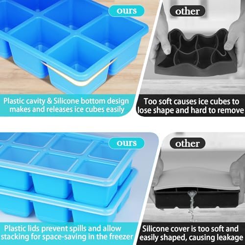 Large Ice Cube Trays 2 Pack, Silicone Easy-Release and Flexible Ice Cube Molds with Lids,1.8" Big Square Cubed Ice Trays for Whiskey and Cocktail, BPA Free and Dishwasher Safe (Blue)