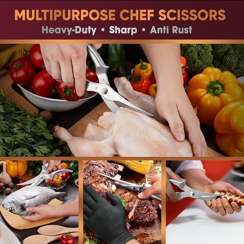 Heavy Duty Poultry Shears - Professional Stainless Steel Kitchen Scissors for Bone, Chicken, Meat, Fish & Vegetables - Spring Loaded (Stainless Steel handles)