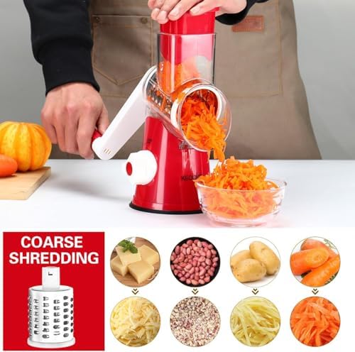 Cambom Rotary Cheese Grater Hand Crank Cheese Shredder for Fresh Cheese, Vegetable, Nuts,Non-slip Suction Base，Three Blades,Red