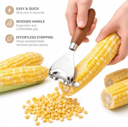 Phmnkl Corn Kernel Remover, 1-Second Stainless Steel Corn Stripper with Walnut Handle, Dishwasher Safe Kitchen Tool for Salad Salsa Popcorn, BBQ Prep Gadget, Farmhouse Kitchen Gift