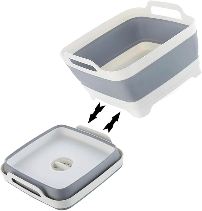 Collapsible Dish Pans for Washing Dishes 9L Portable Wash Dish Basin Foldable Laundry Tub with Drain Plug for Kitchen Sink Camping RV Accessories