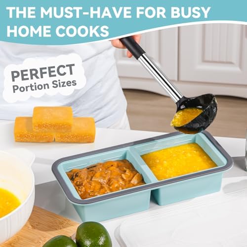Yomarket Silicone Freezer Trays with Lids 2 Cup Soup Freezer Containers Molds with 10 Large Freezer Bags, 2 Pack Ice Cube Trays for Freezing Soups, Stews, and Sauces, Dishwasher Safe