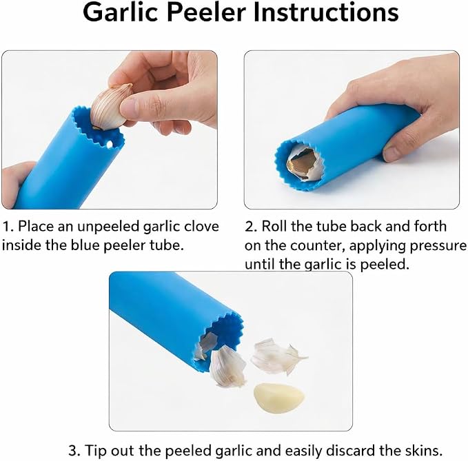 Silicone Garlic Peeler Tube Roller with Brush, 2-in-1 Kitchen Gadget Set, Measuring Spoon with Cleaning Brush (5ml & 3ml) and Silicone Garlic Peeler, Easy-Clean Kitchen Utensils with Hanging Loops