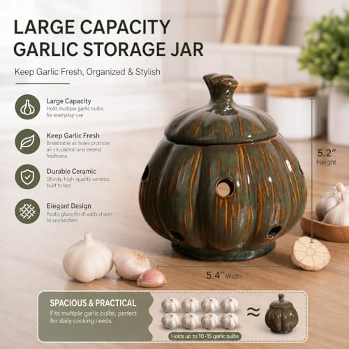 Ceramic Garlic Keeper Storage Holder Jar with Lid, Kitchen Countertop Large Garlic Canister Cellar Saver Holder Crock Container. (Green)