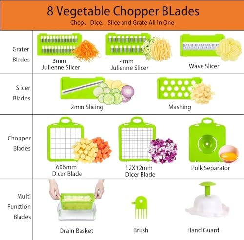 Vegetable Chopper,Multifunctional 13 in 1 Food Slicer For Kitchen.Veggie Chopper Cutter With 8 Blades And Container For Salad, Onion, Garlic (White)