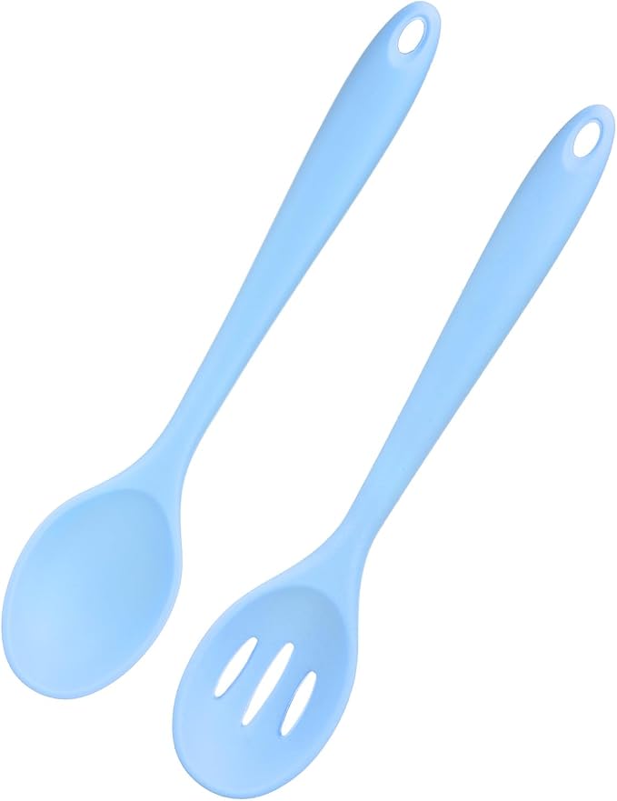 M METERXITY 2-Pack Silicone Spoons for Cooking, 10.6" Mixing Nonstick Slotted and Solid Serving Spoons Heat Resistant Utensils Spoons for Kitchen/Cooking/Baking/Stirring Mixing Tools [Blue]