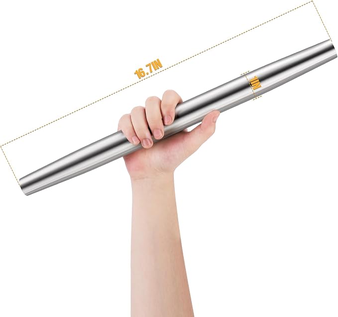 AMUZHI Smooth Seamless Stainless Steel Rolling Pin, 16.7in+Silicone mat | Easy to clean food grade metal, ideal for daily pizza, pie, pasta, dumpling and cookie dough household baking