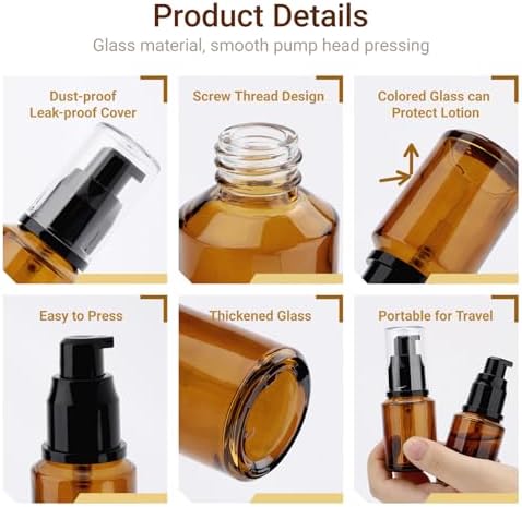 Segbeauty 1oz Frosted Empty Glass Pump Bottle Dispensers, 3 Pack 30ml Travel Size Pump Bottles, Reusable Lotion Container Foundation Bottle for Travel, Refillable Cosmetic Containers for Women Amber