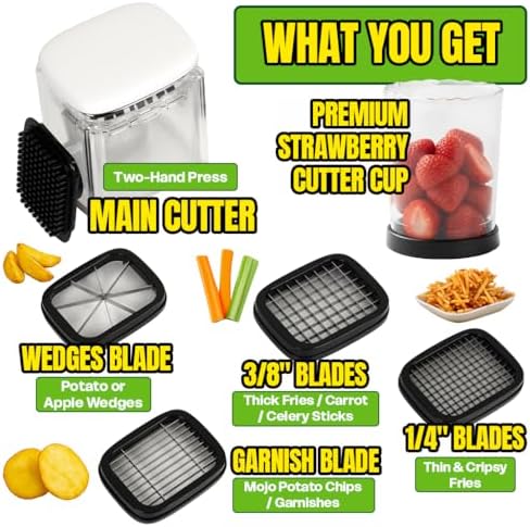 All-in-One French Fry Cutter for Potatoes and Strawberry Slicer – 4 Blade Fruit & Vegetable Slicer, Premium Chopper with Wedge, Garnish, and Strawberry Cutter Cup