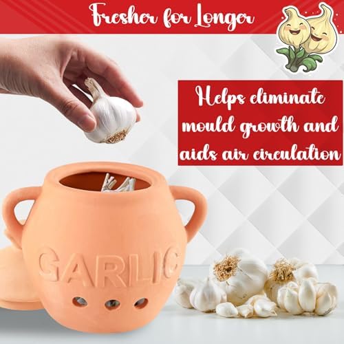 Home-X Unglazed Terracotta Garlic Keeper, Kitchen Counter Accessory, Farmhouse Storage Container with Lid, Small Storage Jar for Garlic Bulbs, 5 ¼” D x 4 ¼” H, Terra Cotta