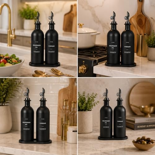 Olive Oil Dispenser for Kitchen, 2-Pack 16oz Black Glass Bottle with Labels