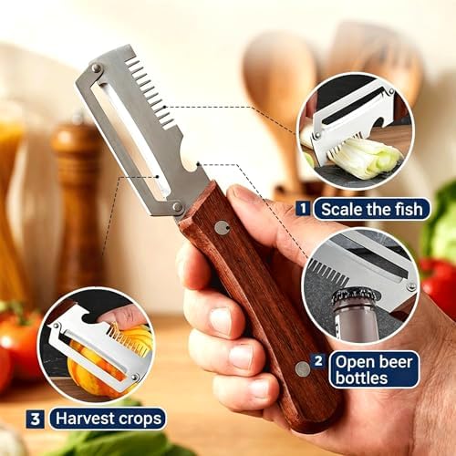 Upgraded 3-in-1 Vegetable Peeler, Wooden Handle Stainless Steel Kitchen Peeler with Julienne Slicer and Bottle Opener, Multi-Functional Fruit Potato Veggie Kitchen Gadget (Left-Handed 2)