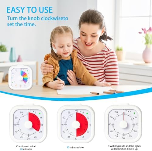 Visual Timer for Kids 60 Minute Countdown Timer Rainbow Square Desktop Timer for Classroom Study Office Kitchen with Silent Operation (White)