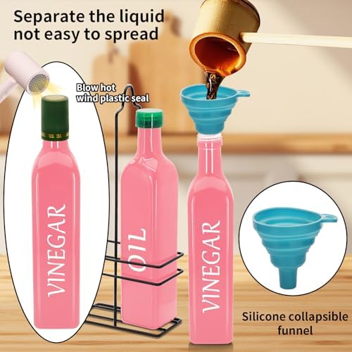 Farmhouse Oil and Vinegar Dispenser Set, 17 oz, beautiful olive oil dispenser, includes a black steel rack and a funnel, vintage cruets for vinegar and oil (Pink)
