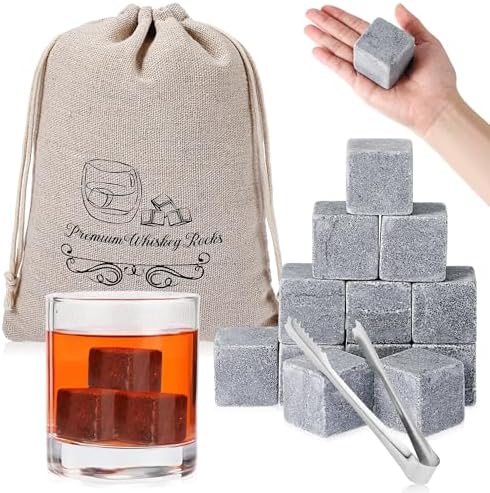 Hosuly 12 Pcs Extra Large Whiskey Ice Cubes 1.6 Inch Jumbo Whiskey Rocks Gift Set for Father's Day, Whiskey Sack and Ice Tong Marble Drink Chilling Stones for Men Dad(Dark Grey)