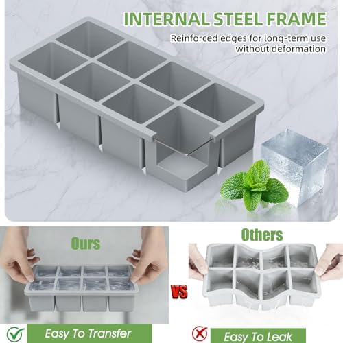 Large Ice Cube Molds, 2 Pack Easy Release Ice Trays for Freezer with Lid, Stackable Square Big Silicone Ice Cube Tray BPA Free Slow Melting for Bourbon Whiskey, Cocktails, Iced Coffee (Grey)