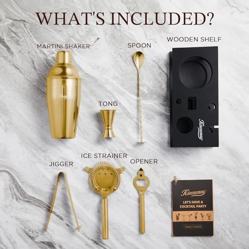 KITESSENSU Cocktail Shaker Set Bartender Kit, 6-Piece Silver Bar Set with Stand, Gold
