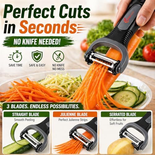 3-in-1 Vegetable Peeler Set – Ultra Sharp Stainless Steel Y Peeler with Julienne Blade, Heavy Duty Kitchen Tool