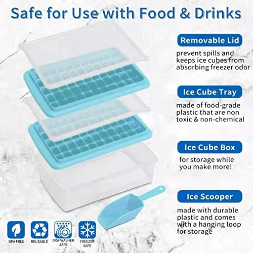 2 Pack Ice Cube Tray with Lid and Bin for Freezer, Easy Release 55 Nugget Ice Tray with Cover, Storage Container, Scoop. Perfect Small Ice Cube Maker Tray & Mold. Flexable Durable Plastic, BPA Free