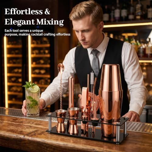 Boston Cocktail Shaker Set, 18 oz & 28 oz 2-Piece Tins, 304 Bartender Kit 15-Piece Bar Tool Set with Acrylic Stand & Recipe Book, for Novices & Pros, Home and Bar Use (Rosegold)