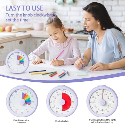 Visual Timer for Kids 60 Minute Countdown Timer Rainbow Disk Desk Timer Clock for Classroom Study Office Kitchen with Silent Operation (Purple)