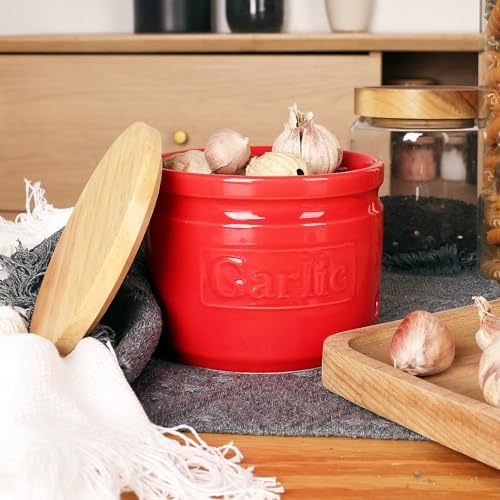 ONTUBE Ceramic Garlic Keeper with Wooden Lid 4-Inch,Garlic Holder (Red)