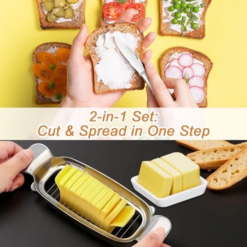 Stainless Steel Butter Slicer Cutter with 2 Butter Knives – Hand Held Ergonomic Butter Cutter for Stick Butter & Soft Cheese, 3 in 1 Easy Butter Spreader Knife for Cold Butter Slicing & Spreading