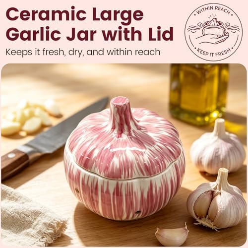 Purple Ceramic Garlic Keeper for Counter – With Lid & Vents, Garlic Holder Storage Container for Freshness – Large Capacity Garlic Saver – Cute Garlic Design – Also for Onion, Ginger – Kitchen Gift